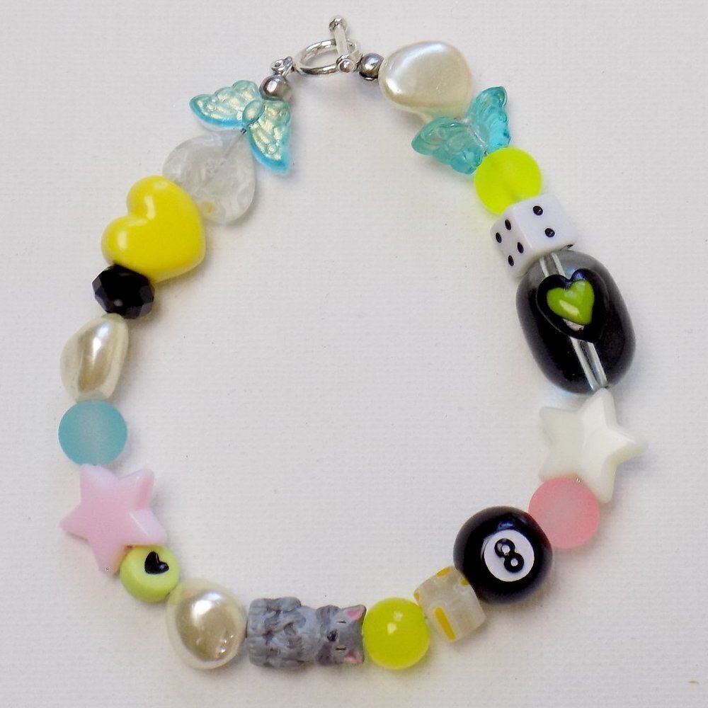 new! handmade charm bracelet chunky pearls indie kidcore funky random colorful